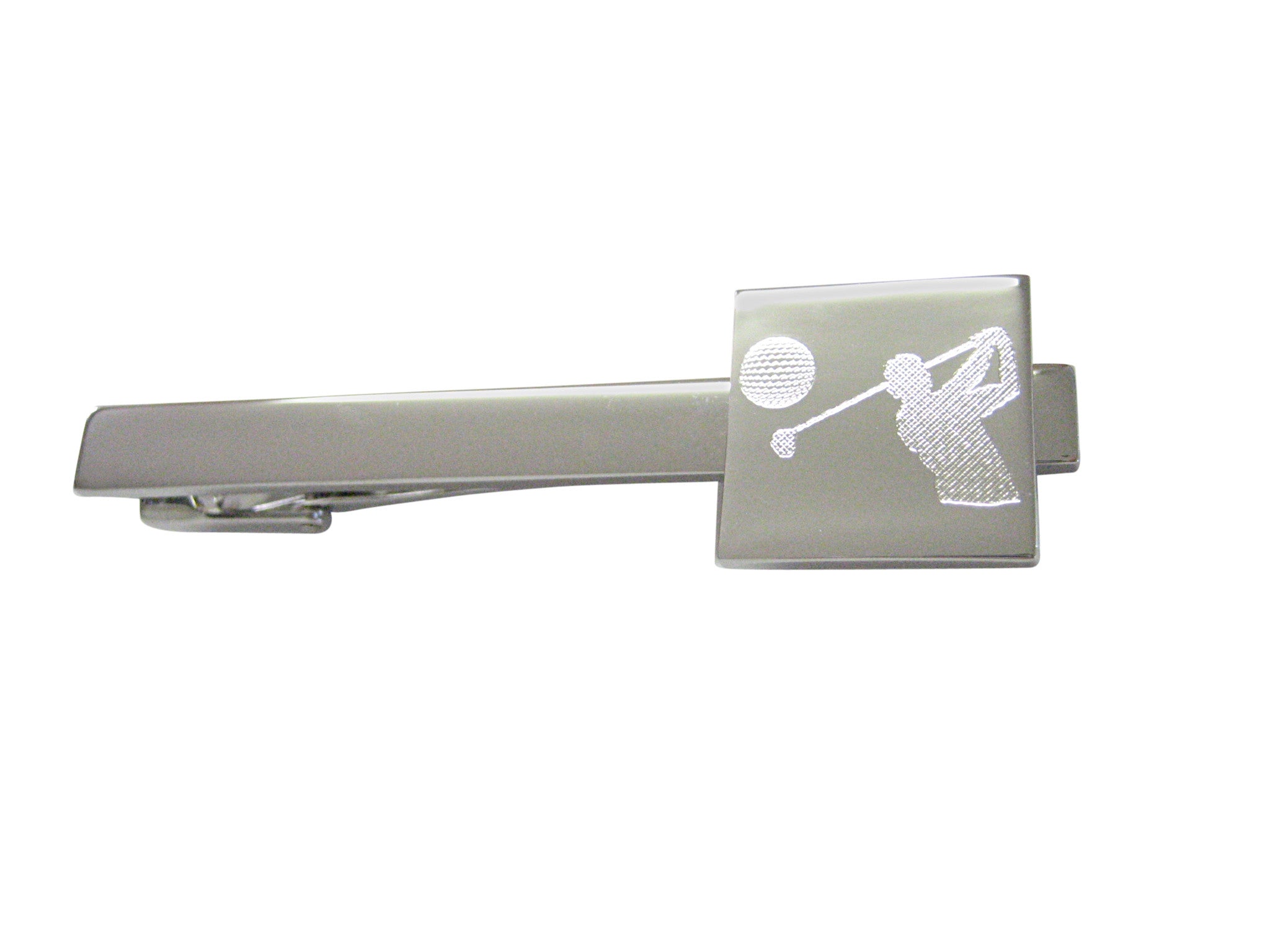 Silver Toned Etched Golfer Square Tie Clip