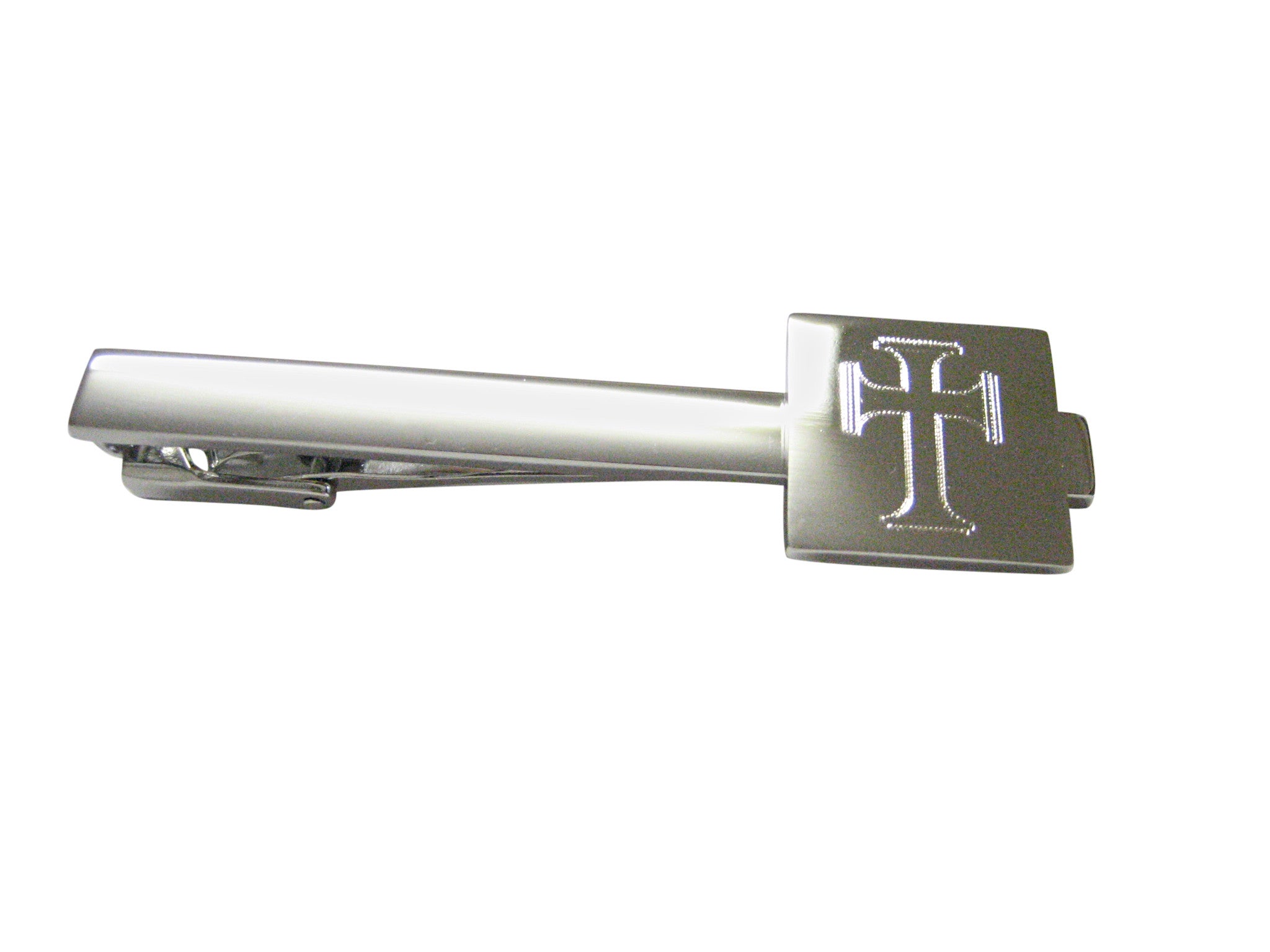 Silver Toned Etched Gothic Cross Square Tie Clip