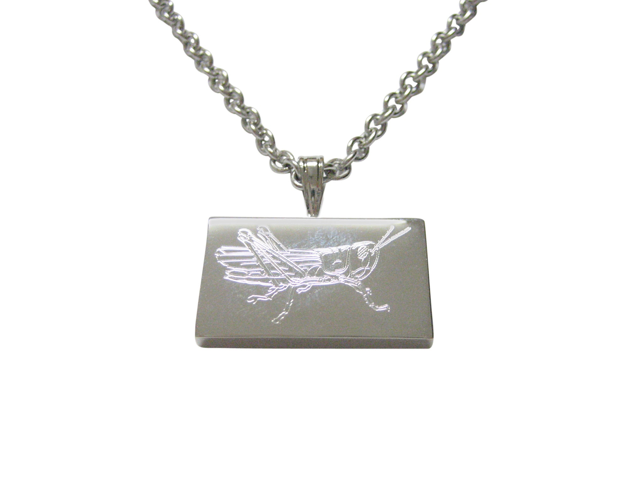 Silver Toned Etched Grasshopper Locust Insect Pendant Necklace