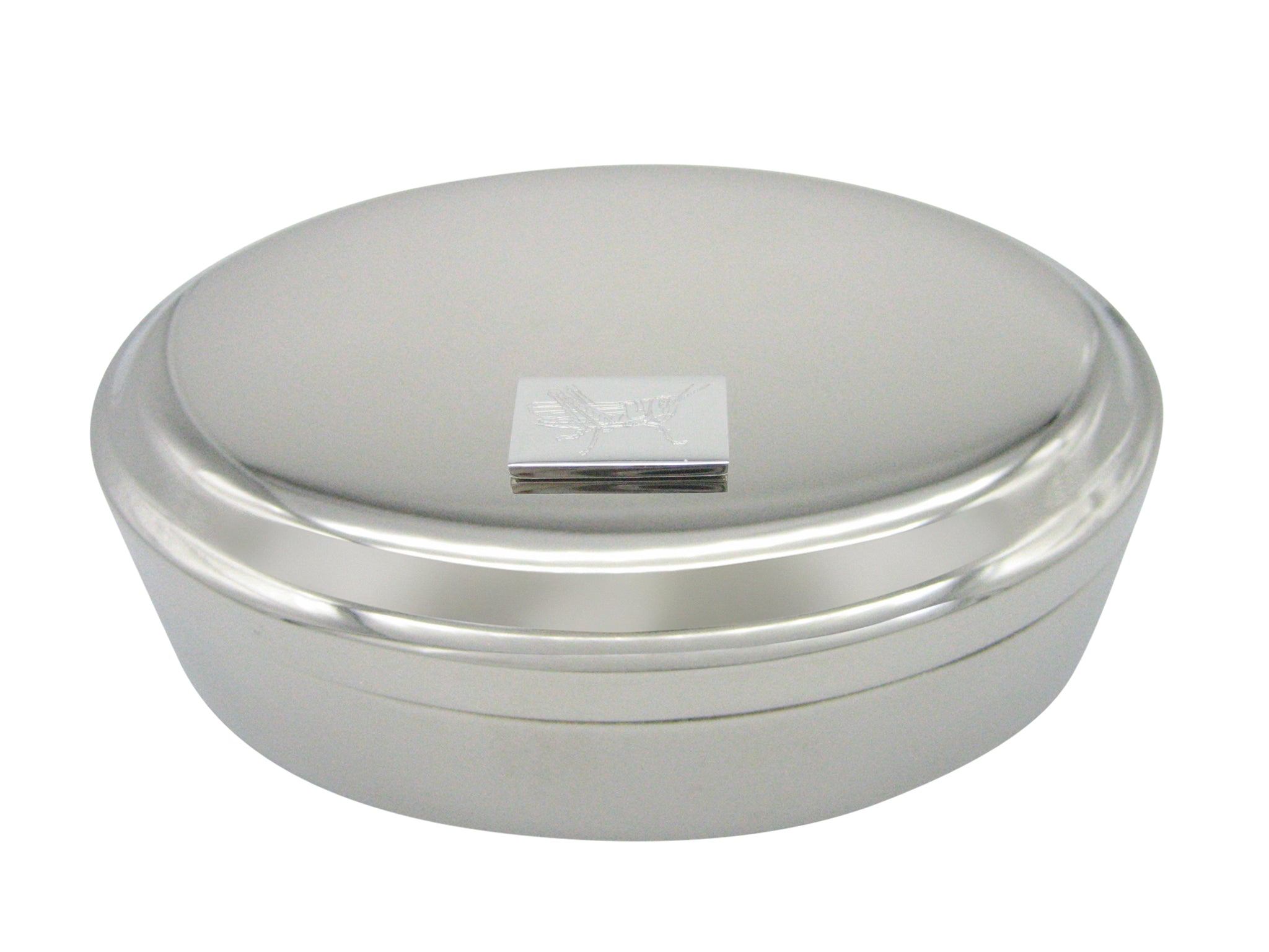 Silver Toned Etched Grasshopper Locust Insect Pendant Oval Trinket Jewelry Box