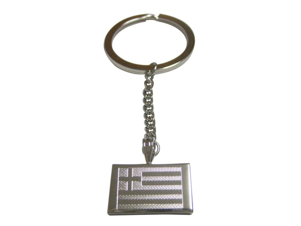 Silver Toned Etched Greece Flag Pendant Keychain