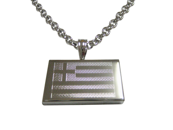 Silver Toned Etched Greece Flag Pendant Necklace