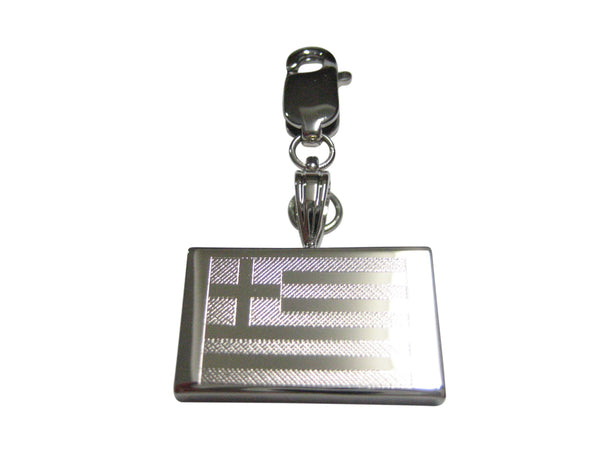 Silver Toned Etched Greece Flag Pendant Zipper Pull Charm