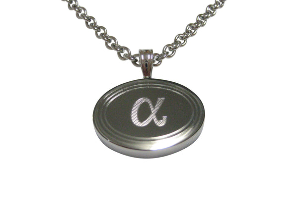 Silver Toned Etched Greek Letter Alpha Oval Necklace