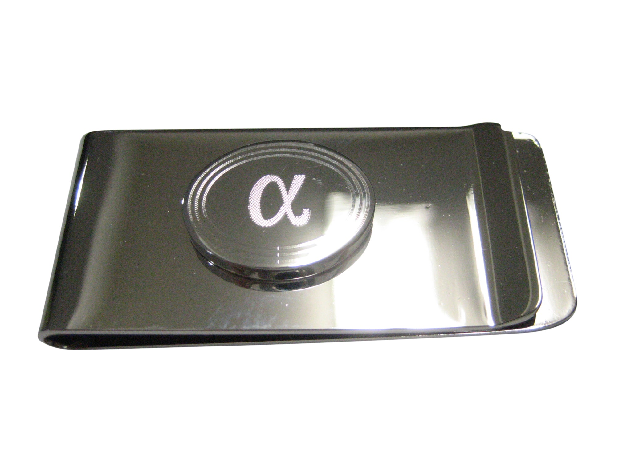 Silver Toned Etched Greek Letter Alpha Oval Pendant Money Clip