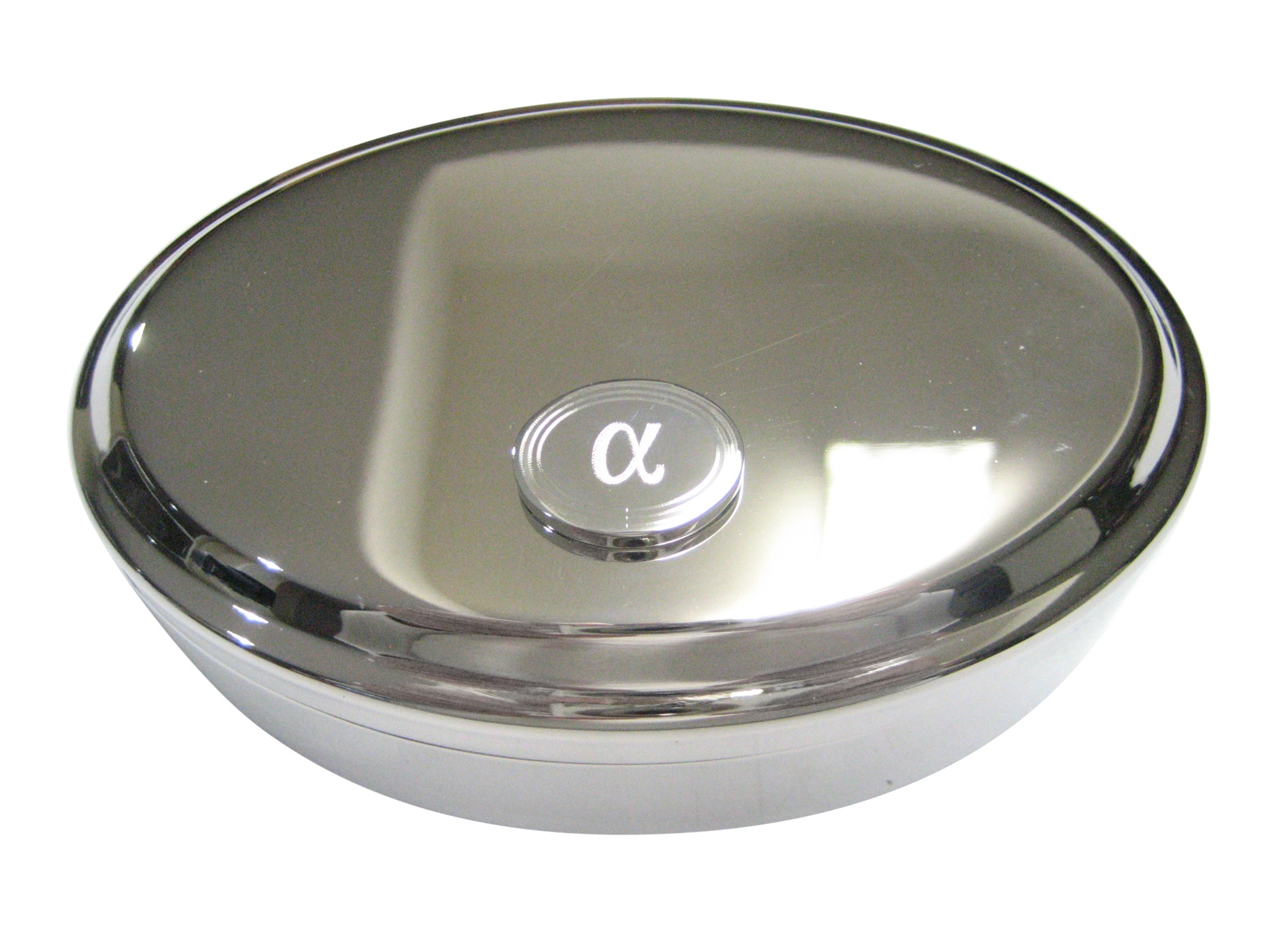 Silver Toned Etched Greek Letter Alpha Oval Pendant Oval Trinket Jewelry Box