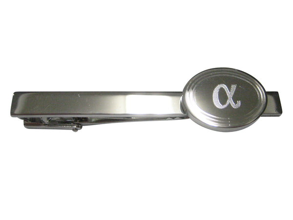 Silver Toned Etched Greek Letter Alpha Oval Pendant Tie Clip