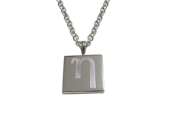 Silver Toned Etched Greek Letter Eta Pendant Necklace