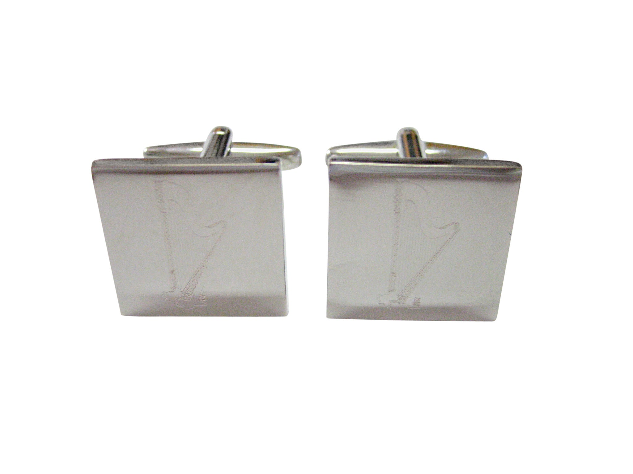 Silver Toned Etched Harp Musical Instrument Cufflinks