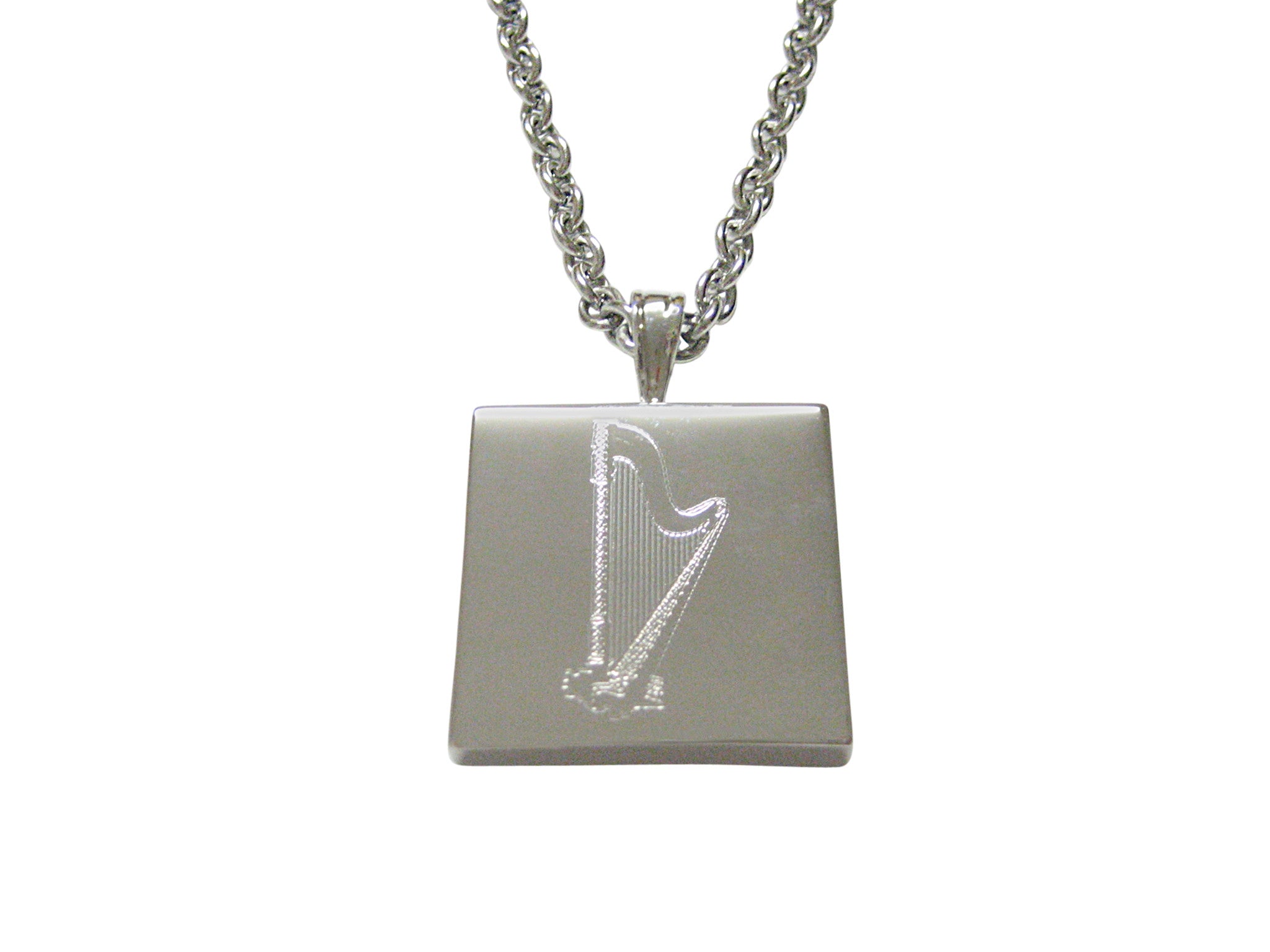 Silver Toned Etched Harp Musical Instrument Pendant Necklace