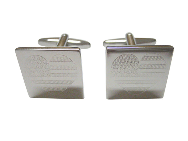 Silver Toned Etched Heart Shaped American Flag Cufflinks