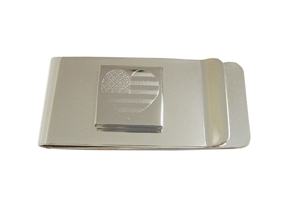 Silver Toned Etched Heart Shaped American Flag Money Clip