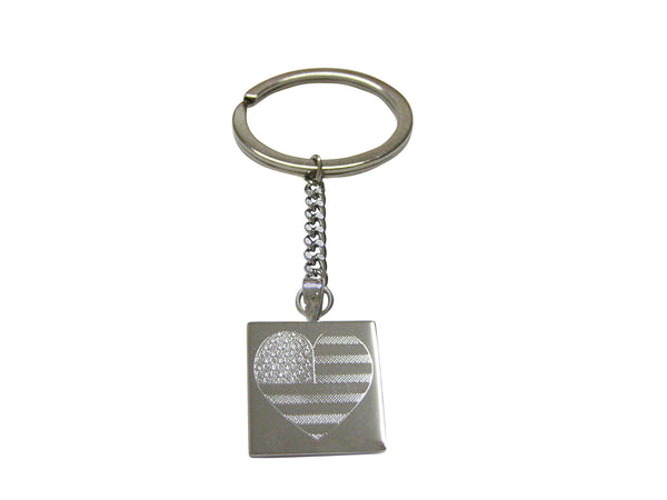 Silver Toned Etched Heart Shaped American Flag Pendant Keychain