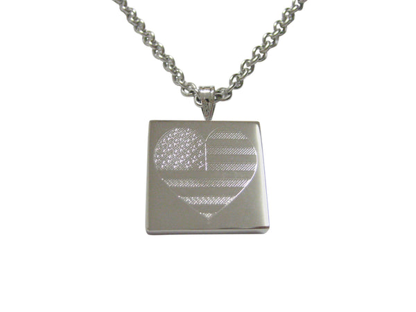 Silver Toned Etched Heart Shaped American Flag Pendant Necklace