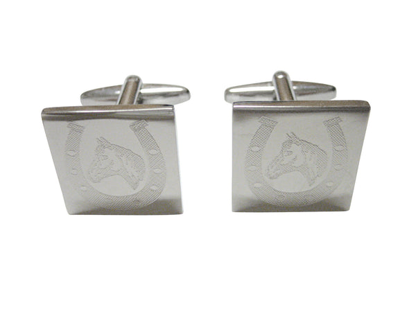 Silver Toned Etched Horse and Horse Shoe Cufflinks