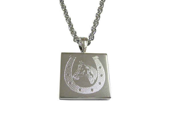 Silver Toned Etched Horse and Horse Shoe Pendant Necklace