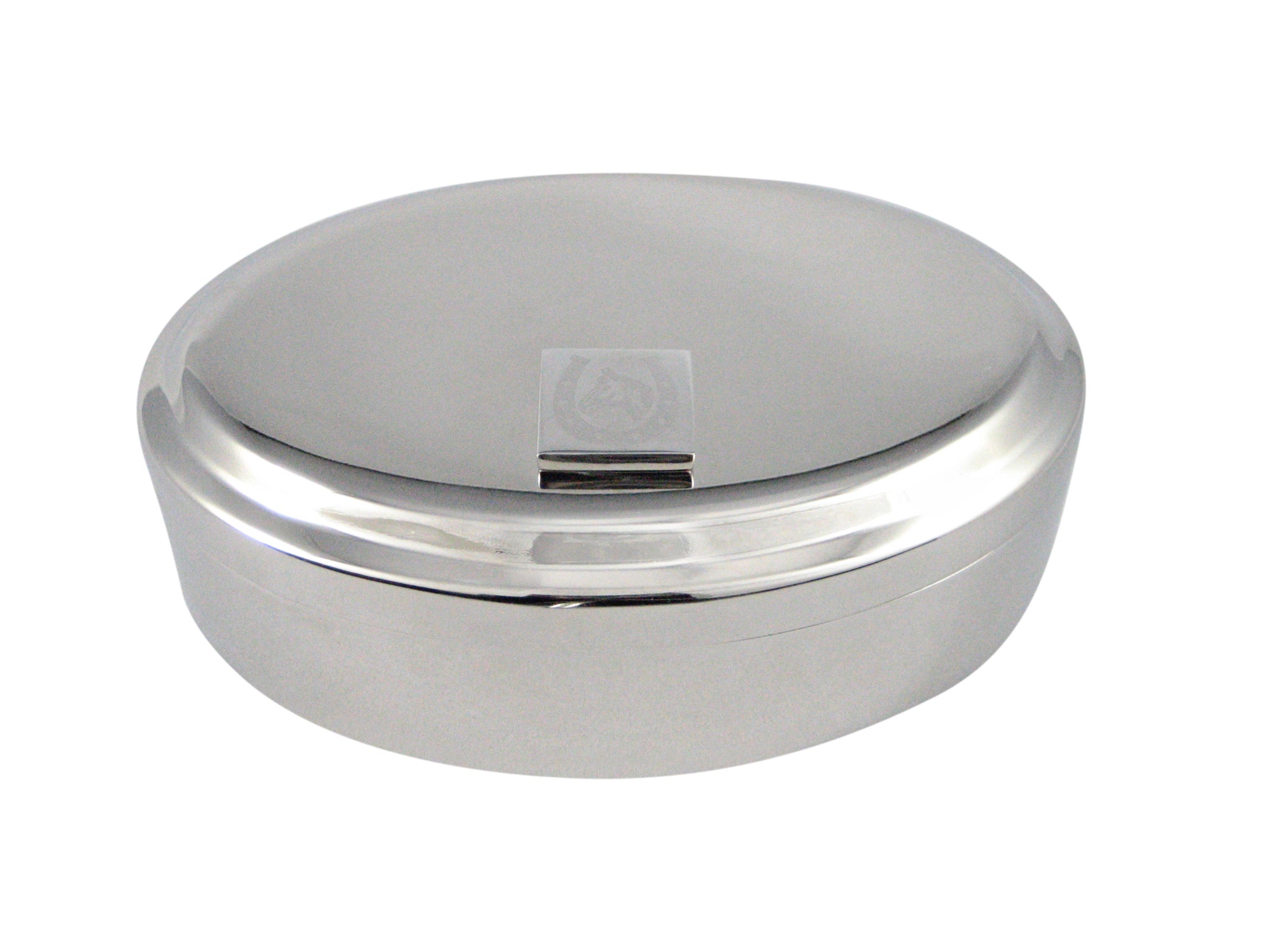Silver Toned Etched Horse and Horse Shoe Pendant Oval Trinket Jewelry Box