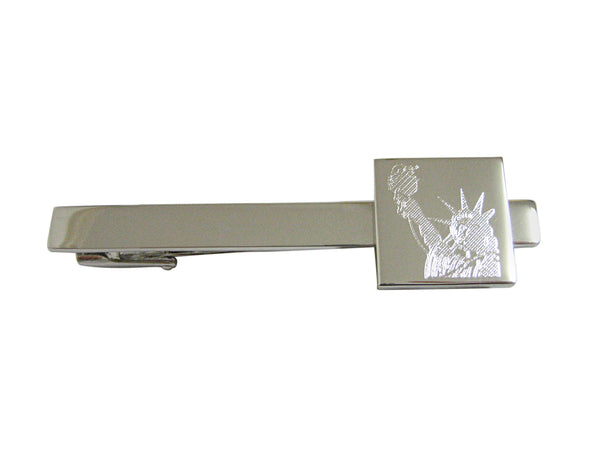 Silver Toned Etched Iconic Statue of Liberty Square Tie Clip