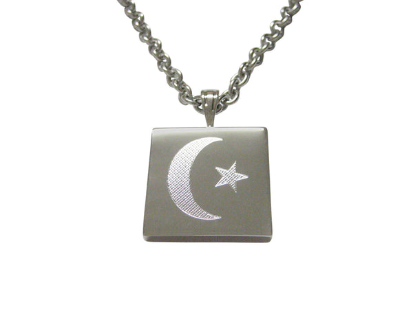 Silver Toned Etched Islam Flag Pendant Necklace
