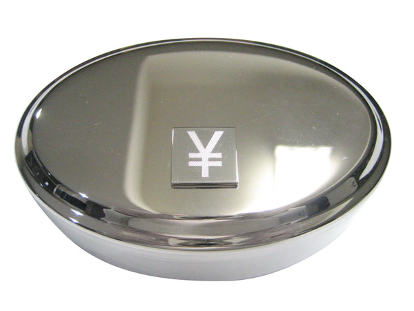 Silver Toned Etched Oval Japanese Yen Currency Sign Oval Trinket Jewelry Box