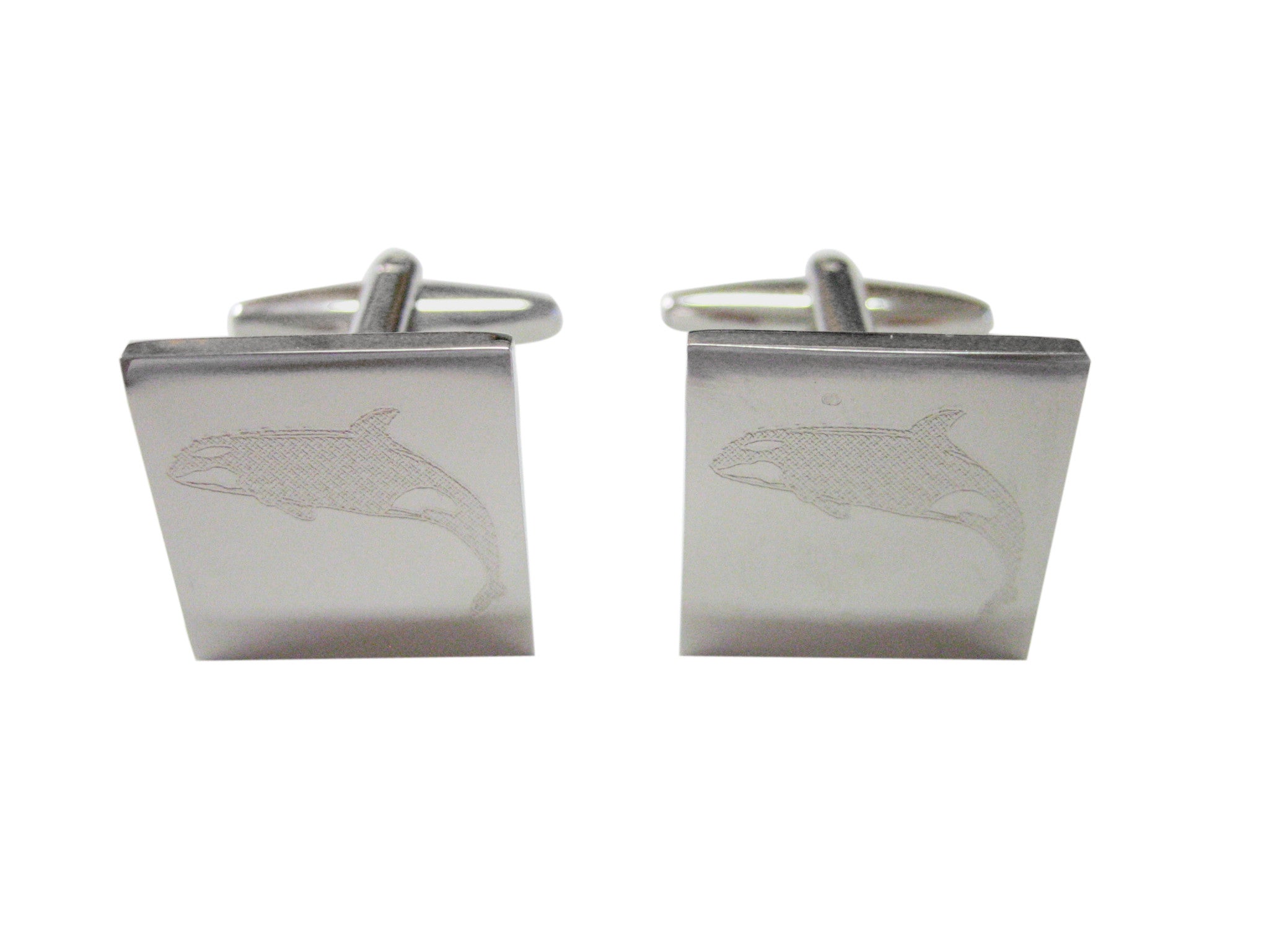 Silver Toned Etched Jumping Killer Whale Orca Cufflinks