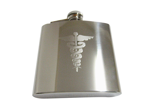 Silver Toned Etched Large Caduceus Medical Symbol 6 Oz. Stainless Steel Flask