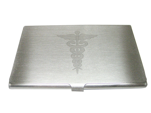 Silver Toned Etched Large Caduceus Medical Symbol Business Card Holder