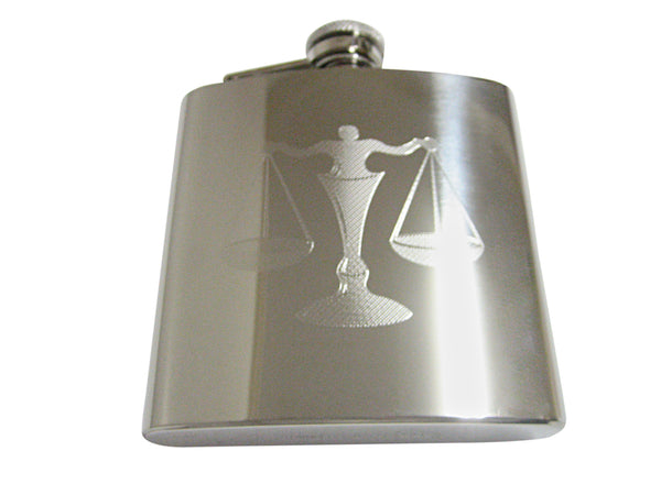 Silver Toned Etched Large Scale of Justice Law 6 Oz. Stainless Steel Flask