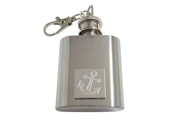Silver Toned Etched Leaning Nautical Anchor 1 Oz. Stainless Steel Key Chain Flask