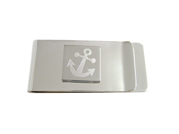Silver Toned Etched Leaning Nautical Anchor Money Clip