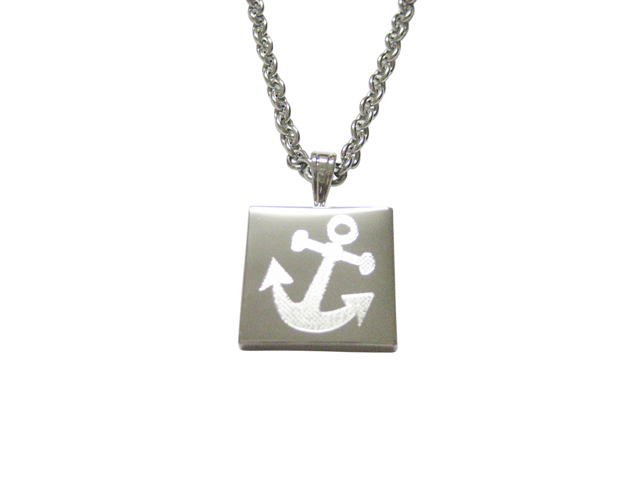 Silver Toned Etched Leaning Nautical Anchor Pendant Necklace