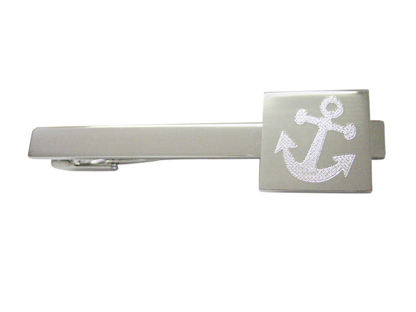 Silver Toned Etched Leaning Nautical Anchor Square Tie Clip