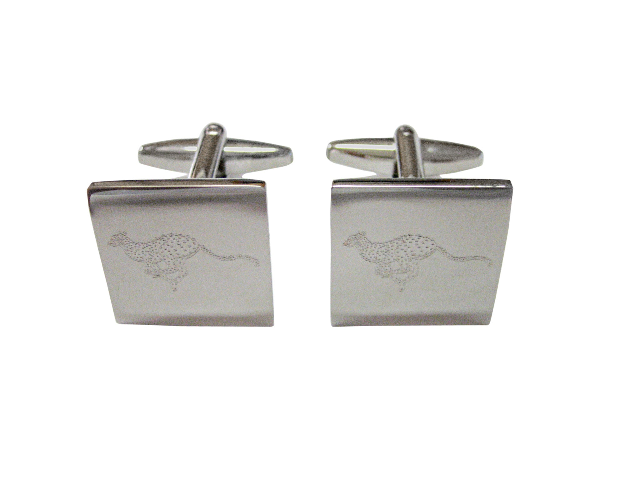Silver Toned Etched Leaping Cheetah Cufflinks