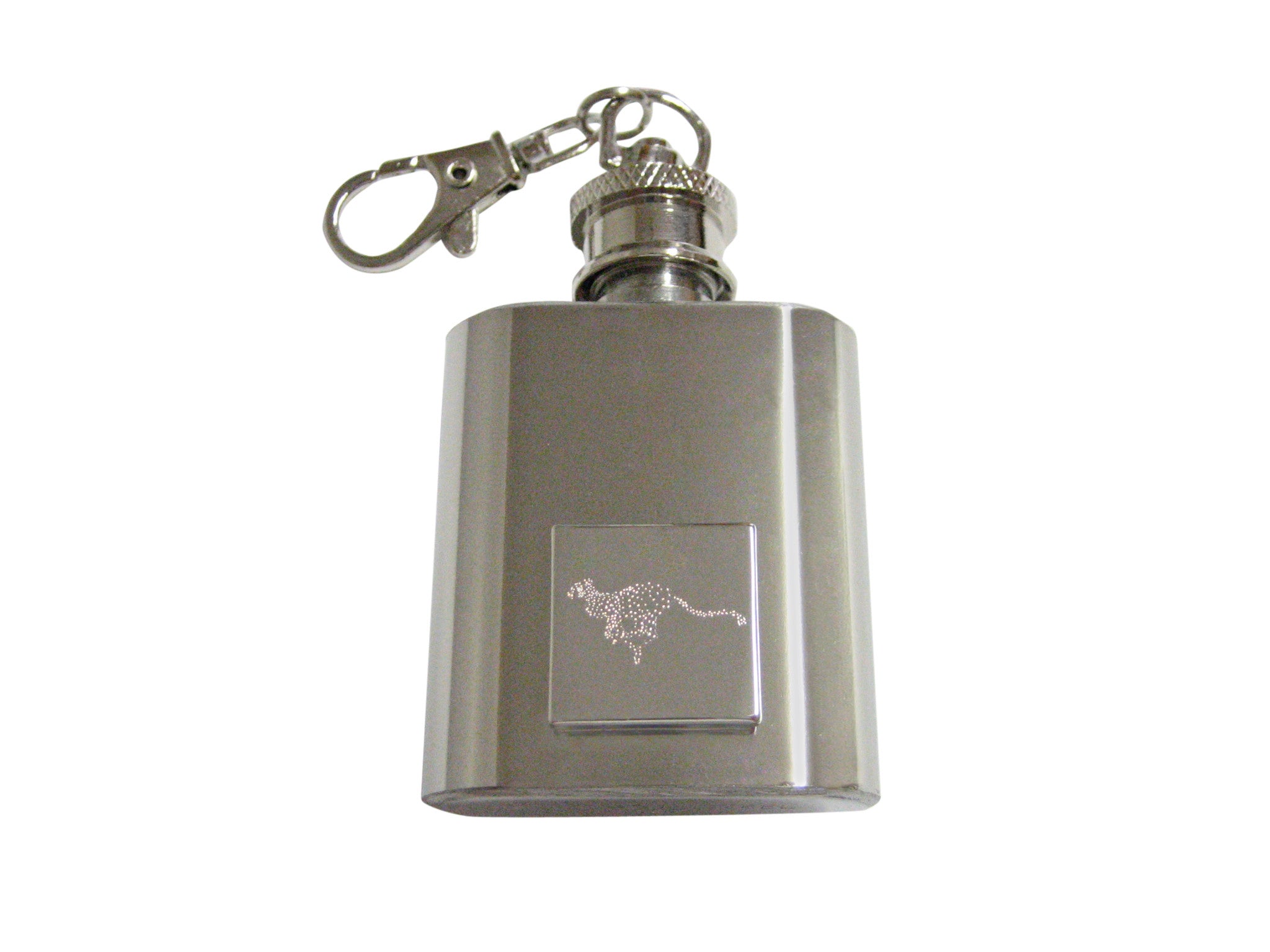 Silver Toned Etched Leaping Cheetah 1 Oz. Stainless Steel Key Chain Flask
