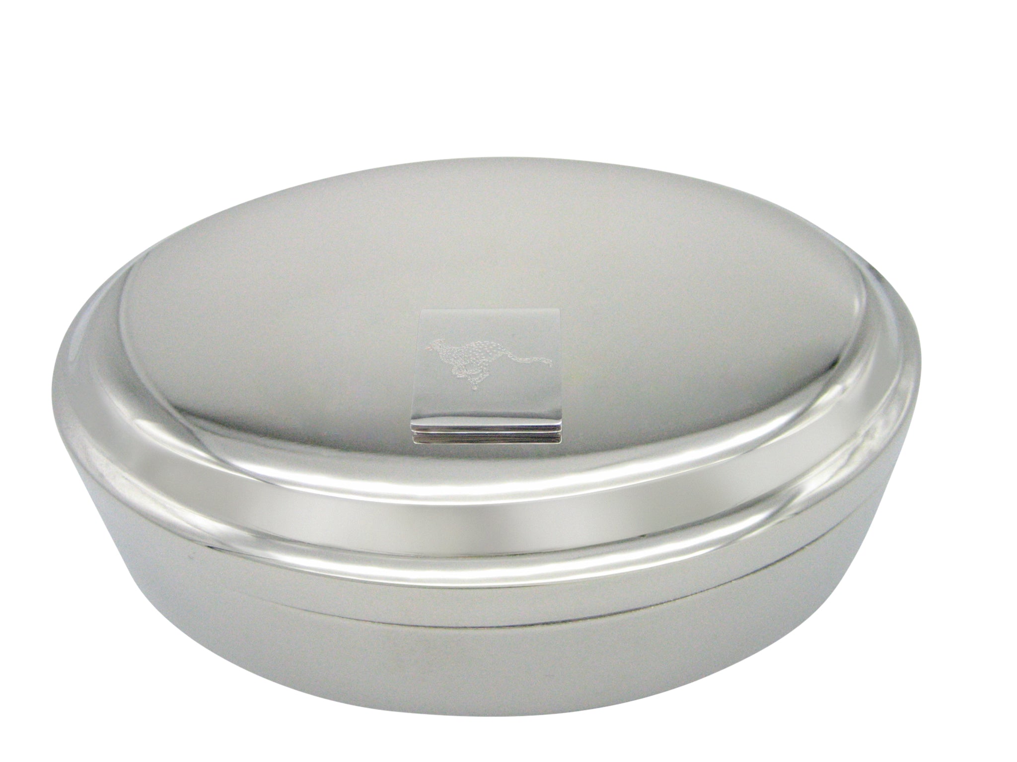 Silver Toned Etched Leaping Cheetah Pendant Oval Trinket Jewelry Box