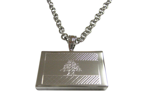 Silver Toned Etched Lebanon Flag Pendant Necklace