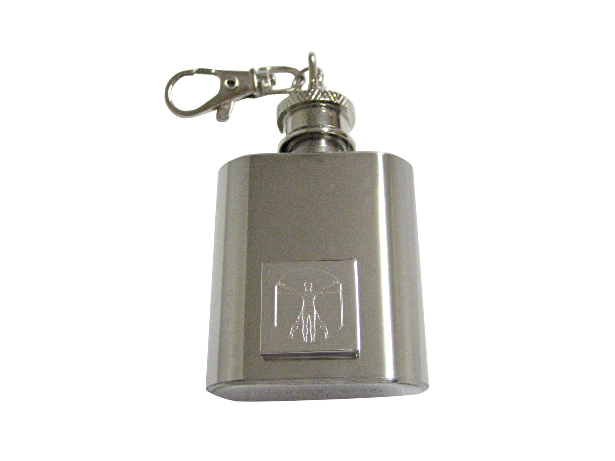 Silver Toned Etched Leonardo Da Vinci Vitruvian Man 1 Oz. Stainless Steel Key Chain Flask