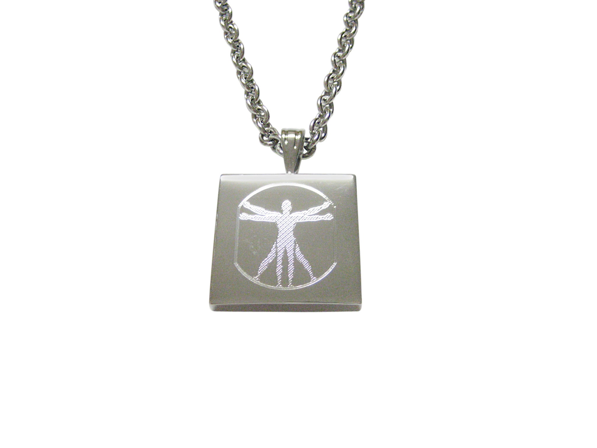 Silver Toned Etched Leonardo Da Vinci Vitruvian Man Pendant Necklace