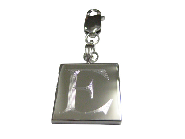 Silver Toned Etched Letter E Monogram Square Pendant Zipper Pull Charm