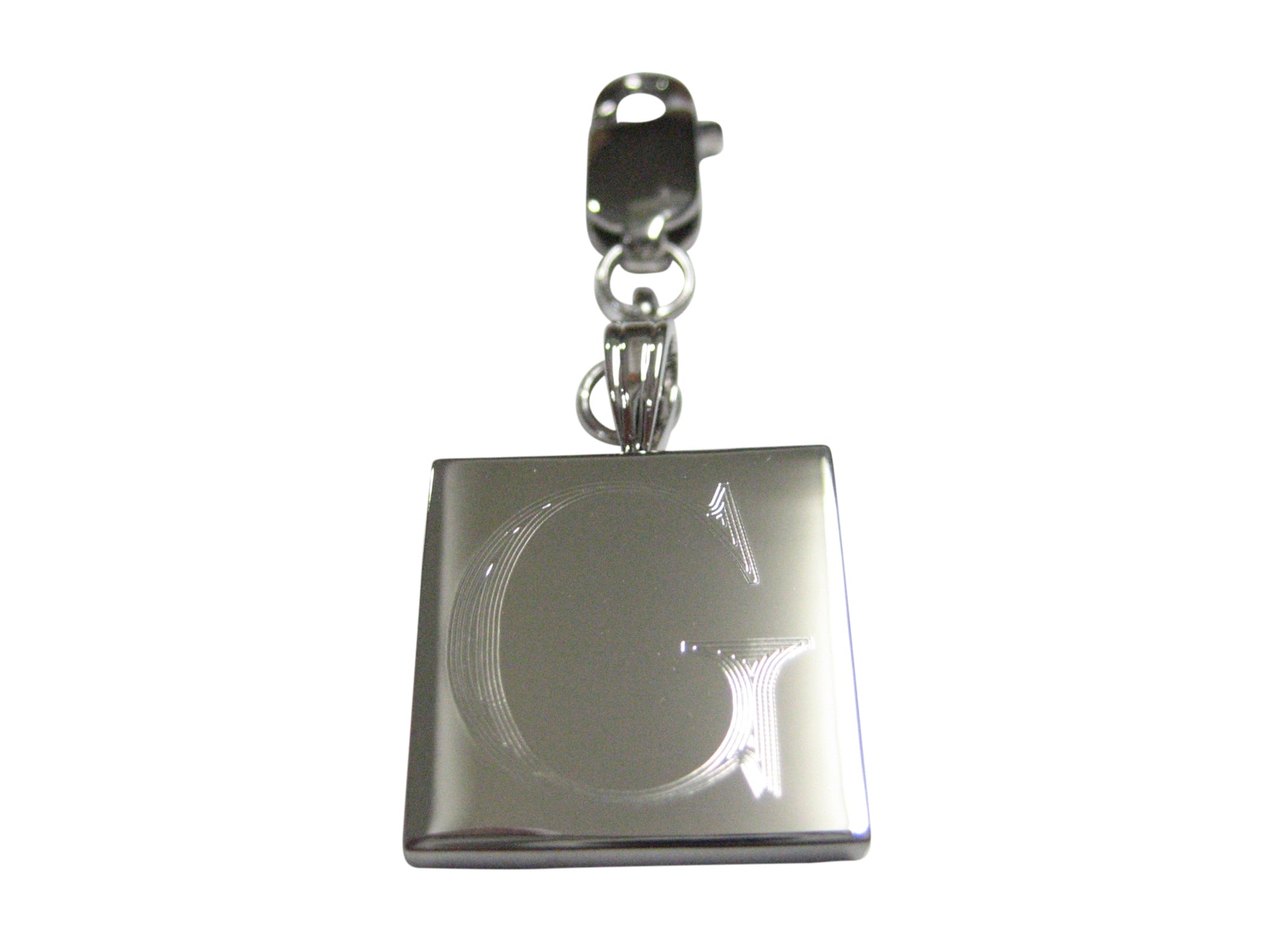 Silver Toned Etched Letter G Monogram Square Pendant Zipper Pull Charm