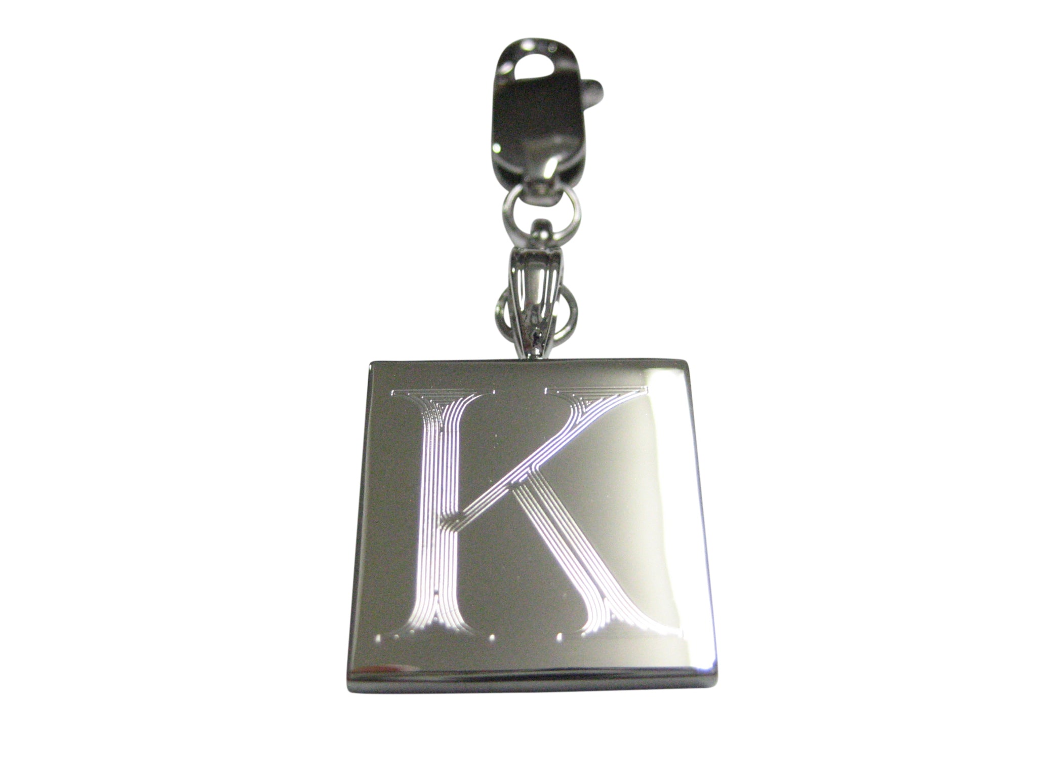 Silver Toned Etched Letter K Monogram Square Pendant Zipper Pull Charm