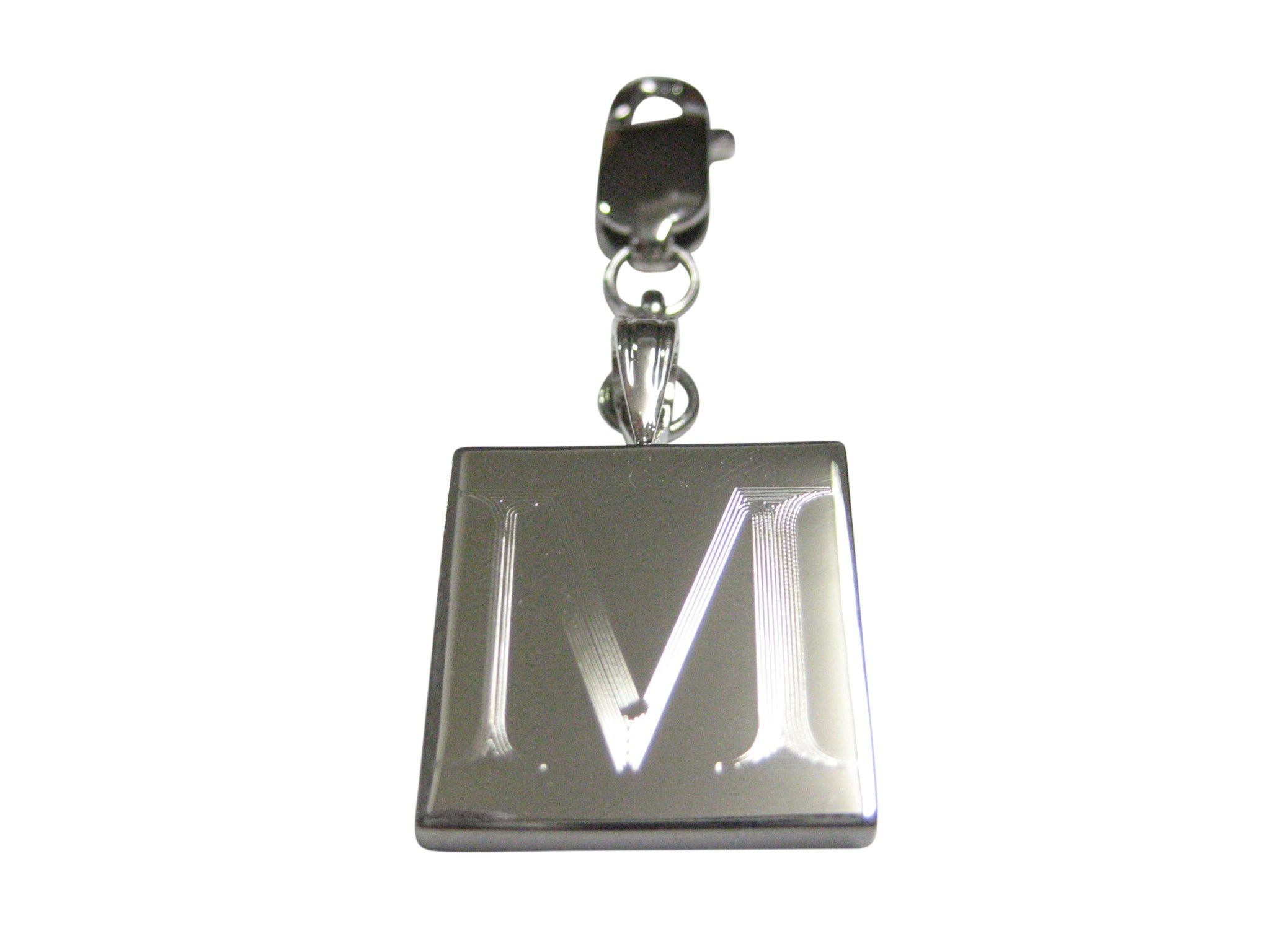 Silver Toned Etched Letter M Monogram Square Pendant Zipper Pull Charm