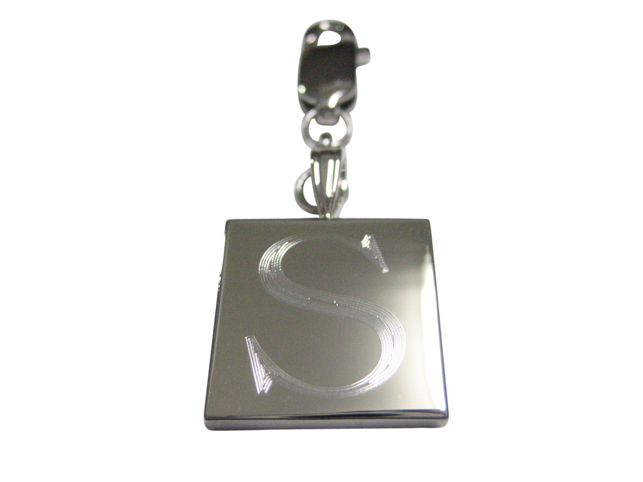 Silver Toned Etched Letter S Monogram Square Pendant Zipper Pull Charm
