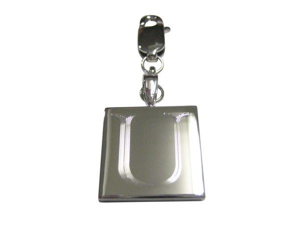 Silver Toned Etched Letter U Monogram Square Pendant Zipper Pull Charm