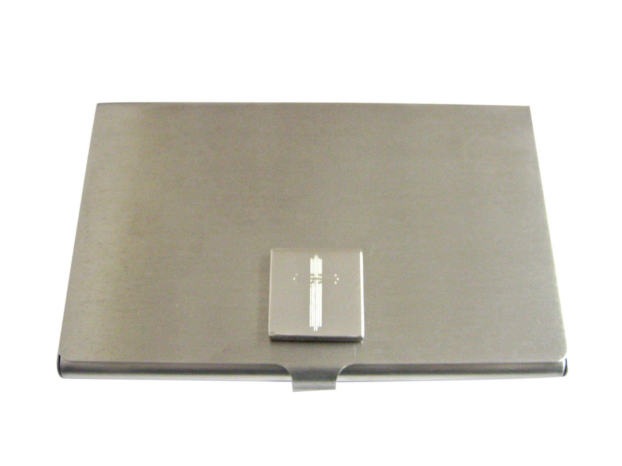 Silver Toned Etched Lined Religious Cross Business Card Holder