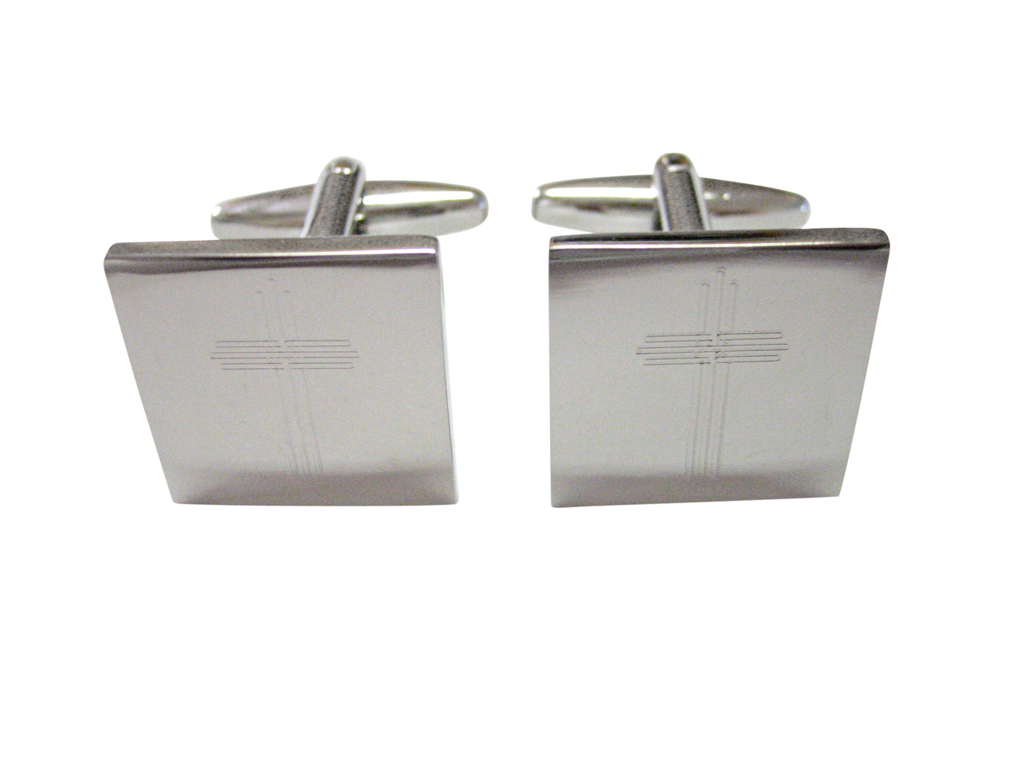 Silver Toned Etched Lined Religious Cross Cufflinks