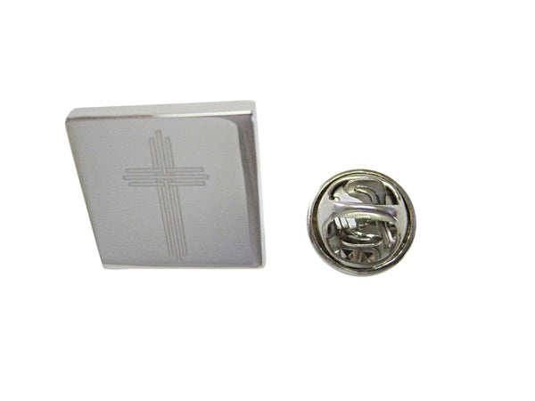 Silver Toned Etched Lined Religious Cross Lapel Pin