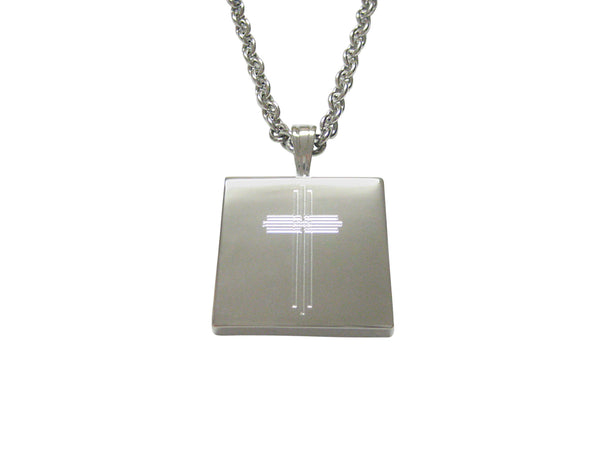 Silver Toned Etched Lined Religious Cross Pendant Necklace