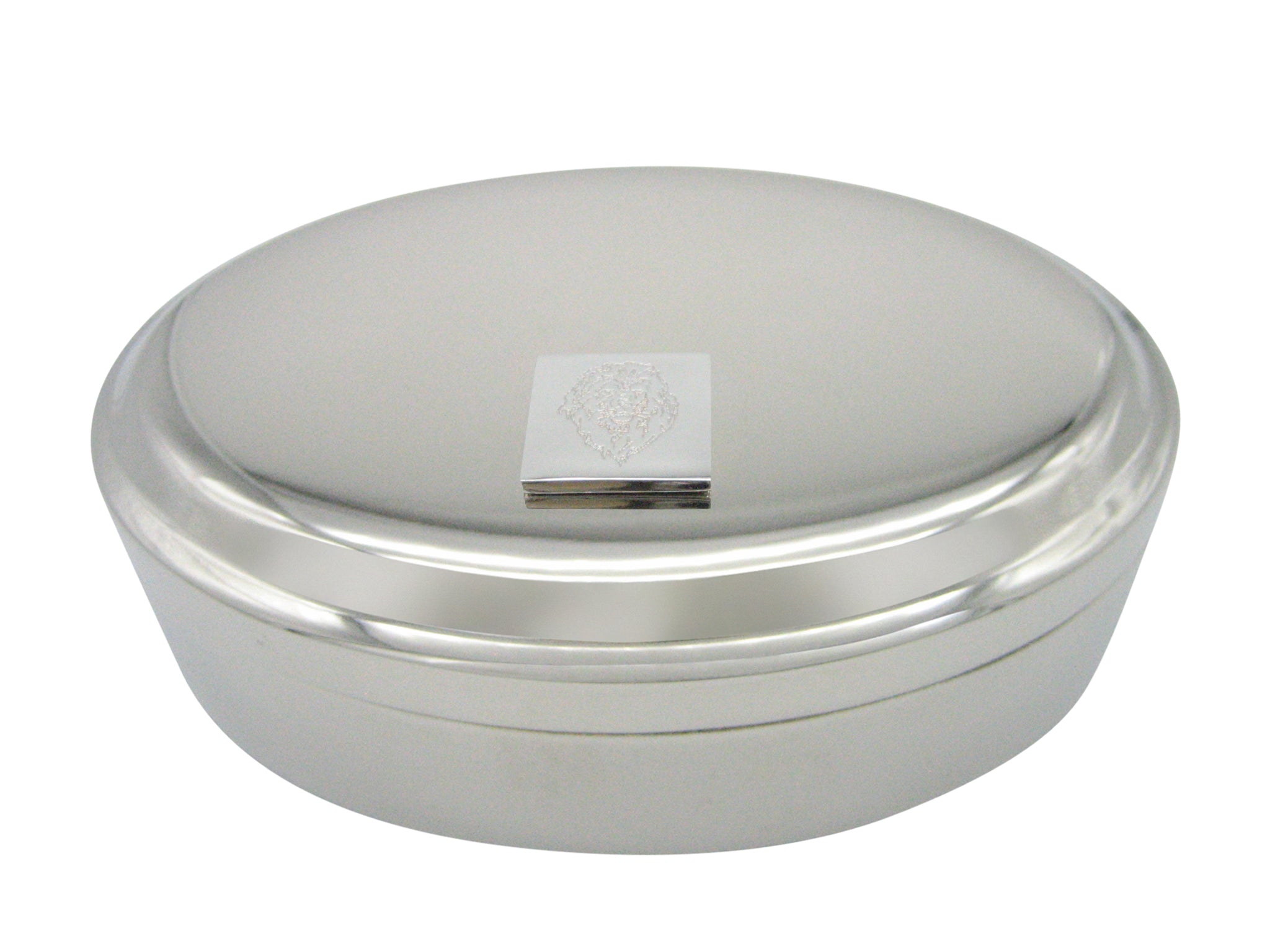 Silver Toned Etched Lion Head Pendant Oval Trinket Jewelry Box