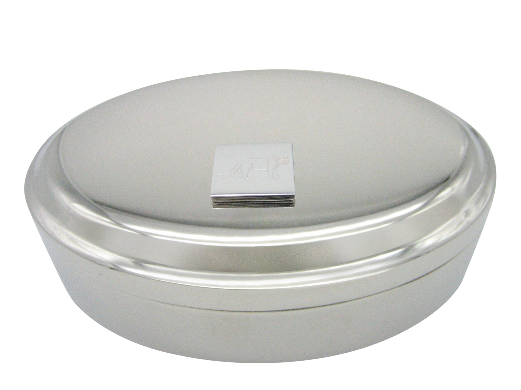 Silver Toned Etched Lioness Pendant Oval Trinket Jewelry Box